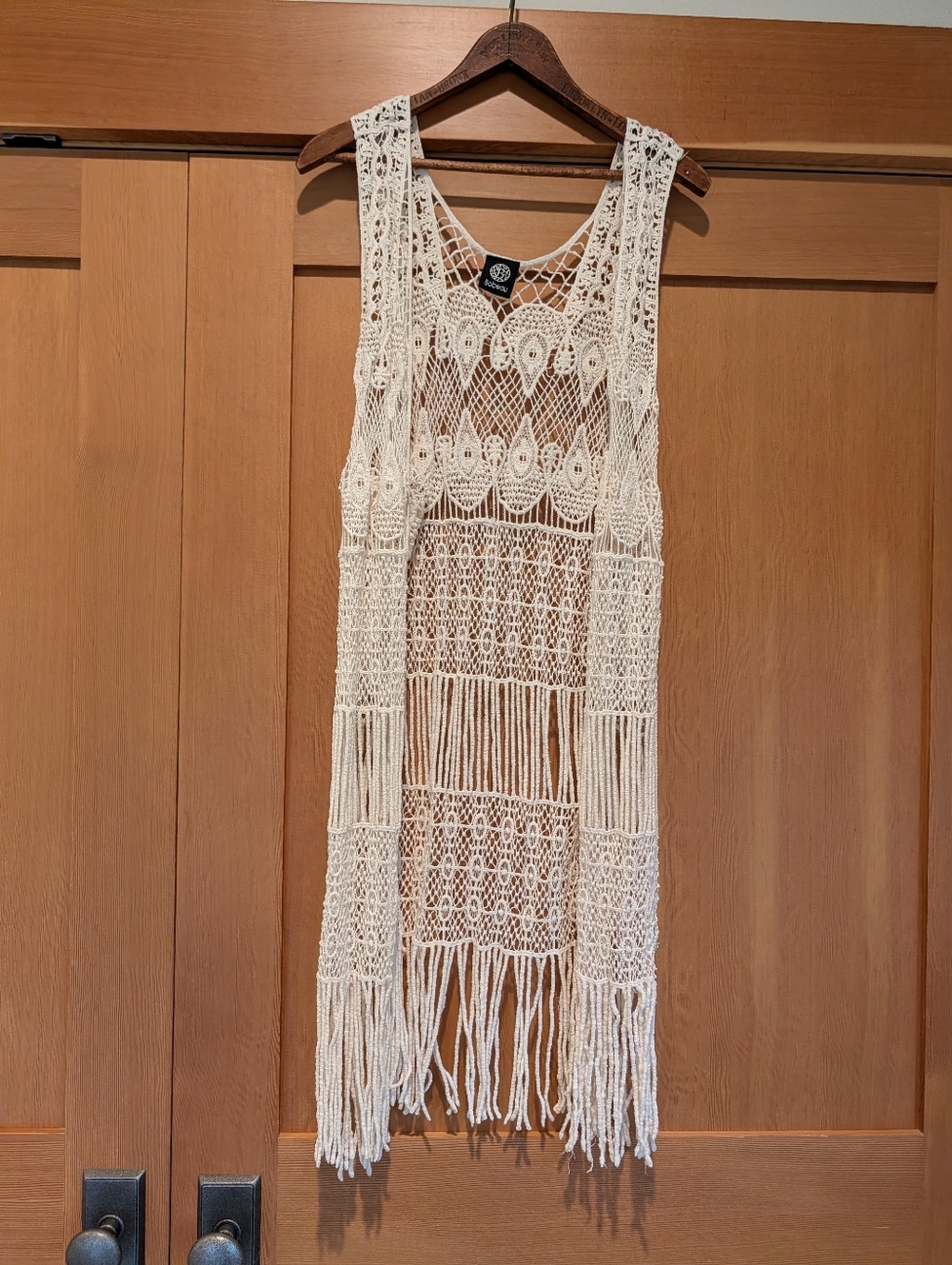 Crochet Fringe Long Boho Vest By Bobeau Cream Size Large Cotton